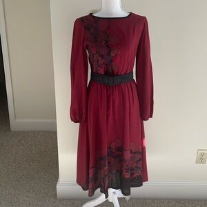 Vtg Burgundy L/S Dress with Floral Accents. Y2K